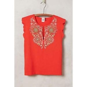 ANTHROPOLOGIE Binah Red Embroidered Scalloped Top